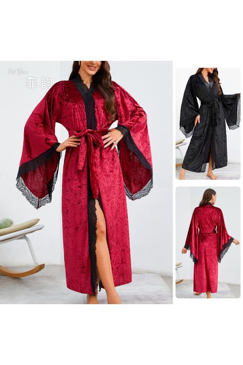 روب استحمام فاخر من المخمل مع دانتيل - قميص نوم شبك طويل بأناقة أوروبية